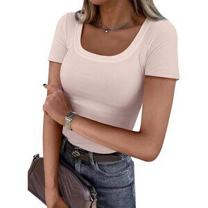 Women's T-Shirt Beige Short Sleeve Scoop Neck Casual Ribbed Knitted Slim Fit